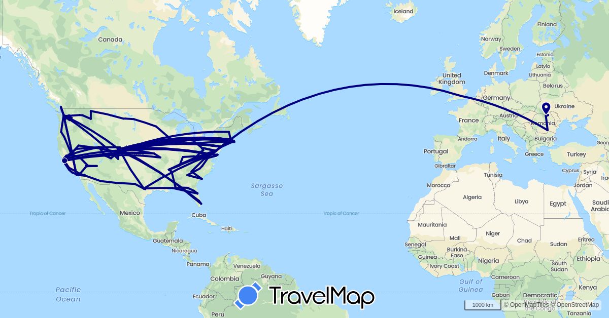 TravelMap itinerary: driving in Canada, United Kingdom, Romania, United States (Europe, North America)